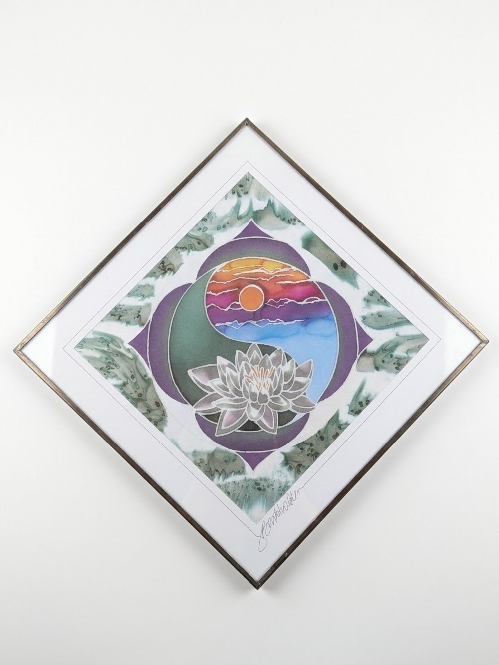 Vtg Joyce Burkholder Original Silk Painting Signed Framed 8x8" Yin Yang Lotus